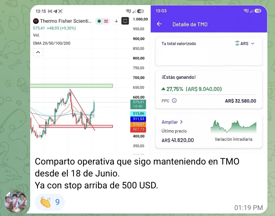 Victoria: TMO (Thermo Fisher) +27,75% · posición abierta desde el 18 de junio con stop sobre 500 USD