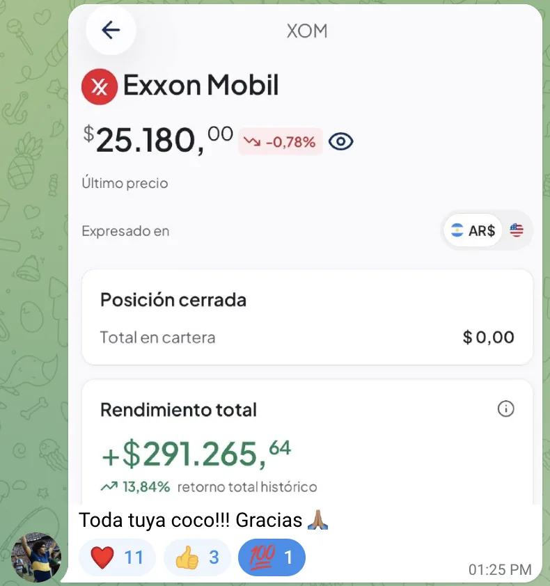 Victoria: XOM (Exxon Mobil) +13,84% de retorno total histórico, +291.265 ARS, posición cerrada